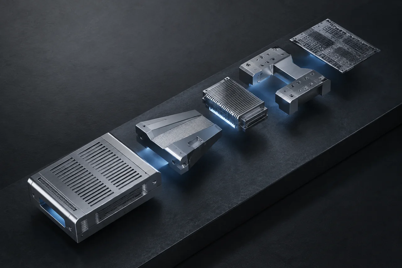 Five distinct machined silver modules in an exploded architectural assembly, representing the Built to Appear software suite.