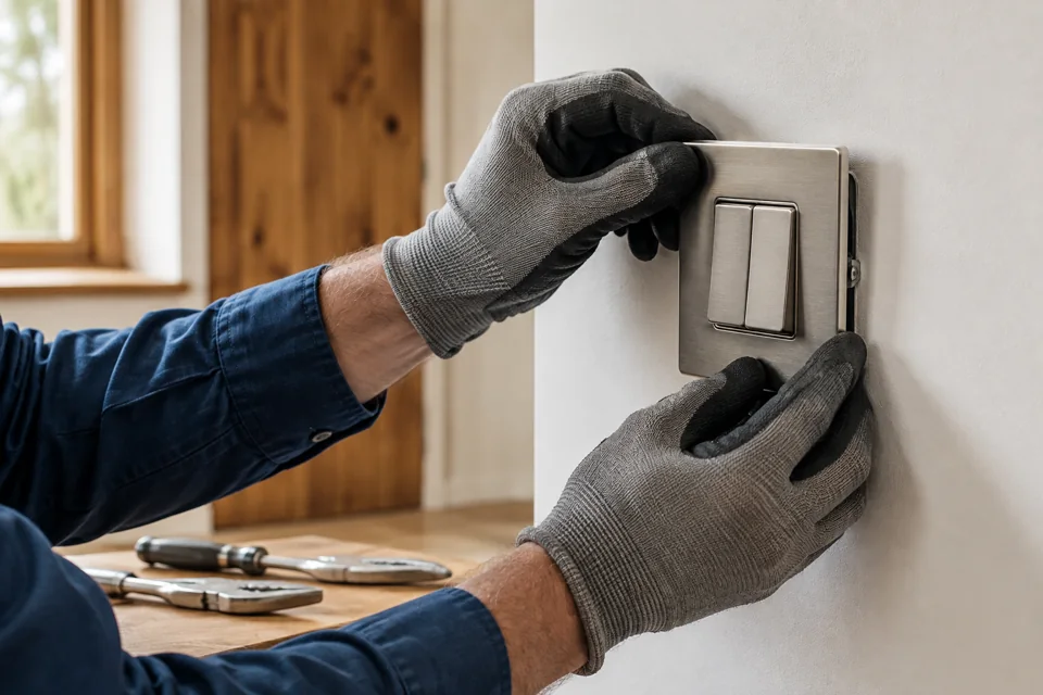 Illustration of an electrician fitting a wall switch in a finished interior