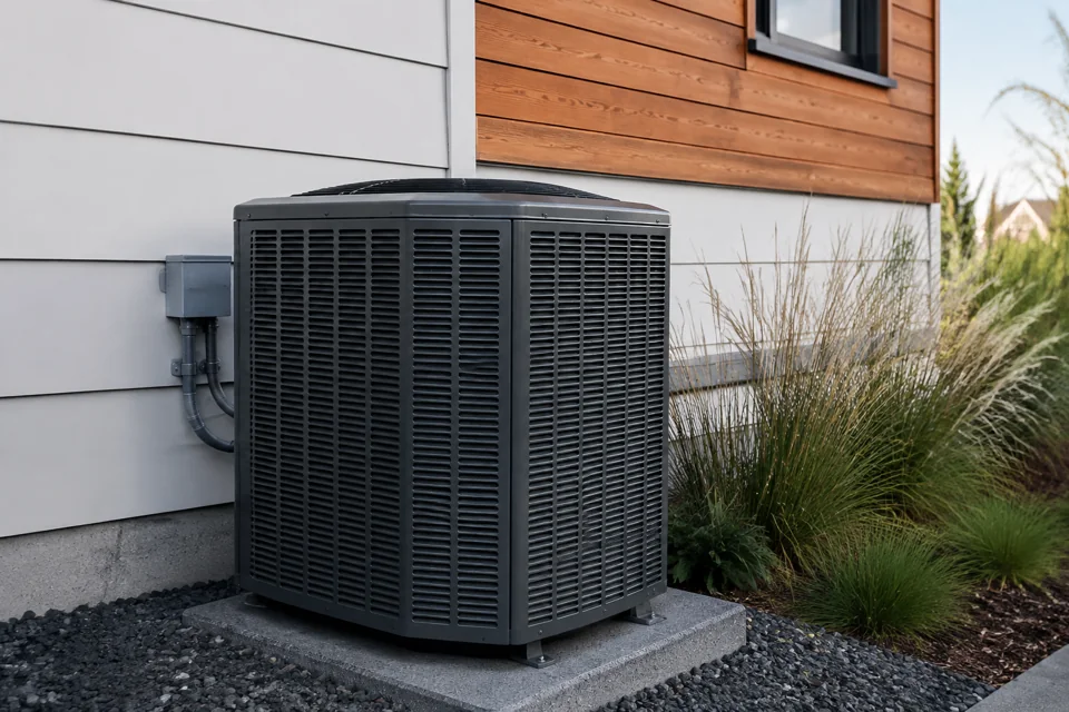 Illustration of a residential heat pump beside a cedar-accented home