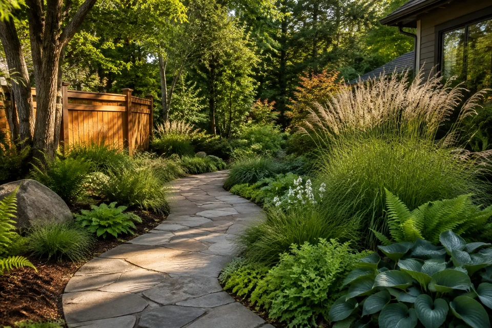 Illustration of a landscaped garden with a stone path and layered green planting
