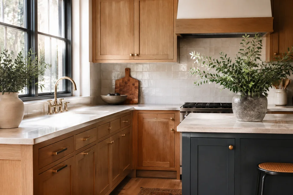 Illustration of a remodeled kitchen with oak cabinetry and a blue-grey island